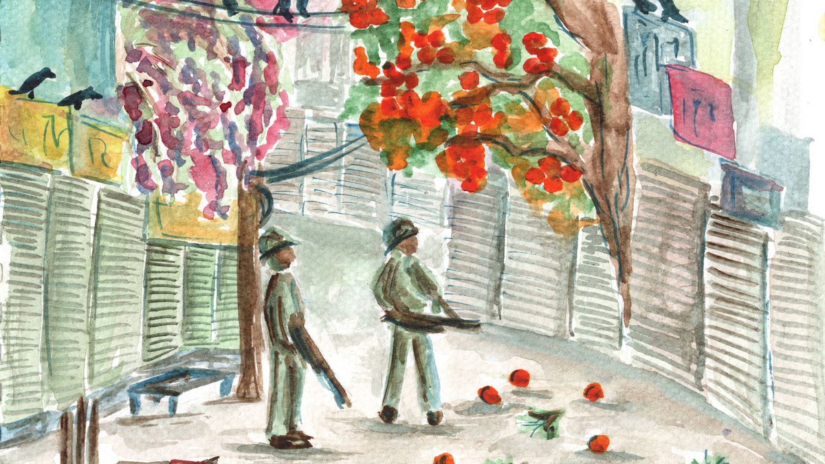 A watercolour scene of Srinagar. Fruit trees drop orange fruit on a deserted street, save for two armed soldiers with guns, who look quizzically up at the tree.