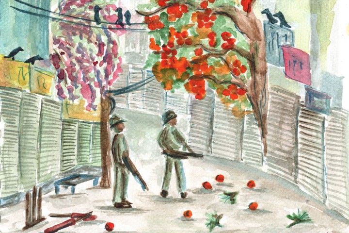 A watercolour scene of Srinagar. Fruit trees drop orange fruit on a deserted street, save for two armed soldiers with guns, who look quizzically up at the tree.