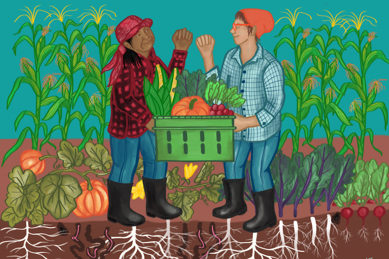 A digital illustration of two farm workers at work. The farm workers are in the center of the illustration, and both are wearing black rubber books, marine blue pants, and plaid sweaters. They are fist-bumping while holding a crate overflowing with vegetables. Pumpkins, corn, swiss chard, and other vegetables surround them. Plant roots are visible below them.