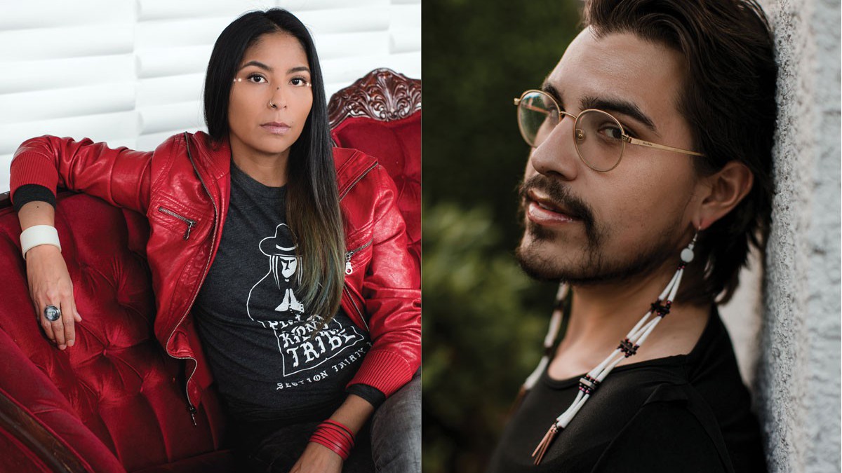 Two headshots of people looking at the camera. On the left, a person with long hair and brown skin wears a red leather jacket with her arm draped over a red couch. On the right, a person with glasses, long beaded earrings, and lop gloss, leans back against a wall.