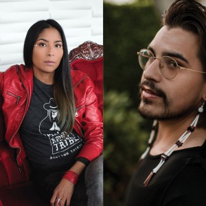 Two headshots of people looking at the camera. On the left, a person with long hair and brown skin wears a red leather jacket with her arm draped over a red couch. On the right, a person with glasses, long beaded earrings, and lop gloss, leans back against a wall.