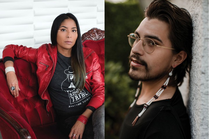 Two headshots of people looking at the camera. On the left, a person with long hair and brown skin wears a red leather jacket with her arm draped over a red couch. On the right, a person with glasses, long beaded earrings, and lop gloss, leans back against a wall.