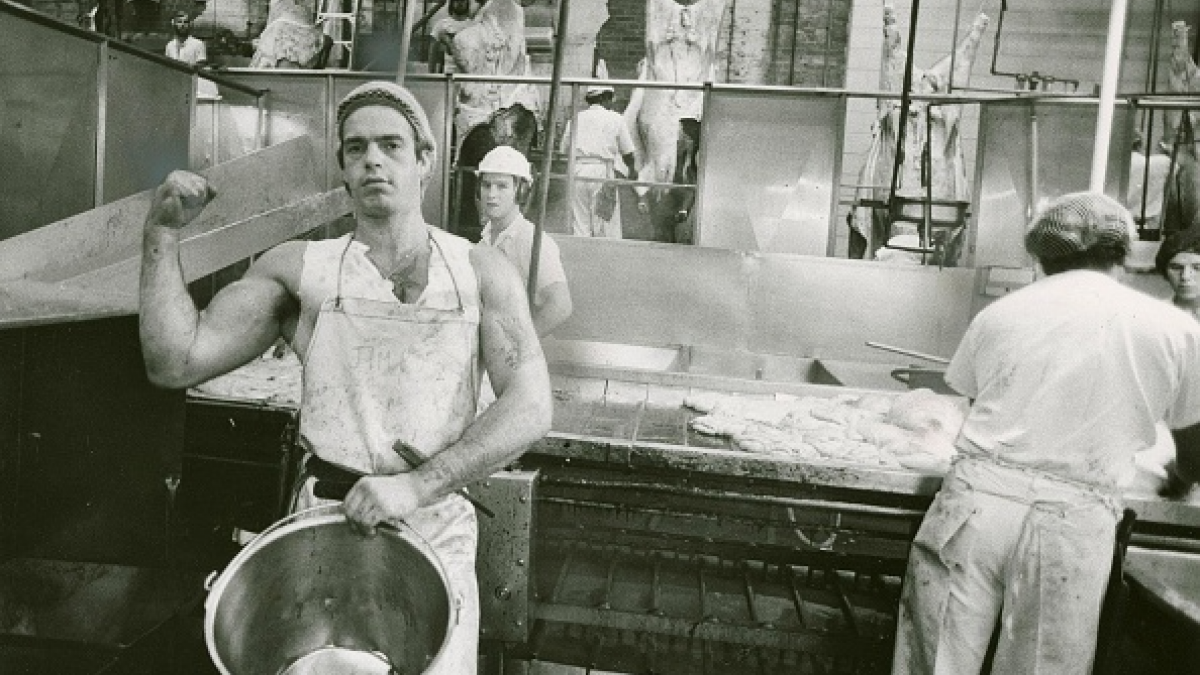 A prisoner at Guelph Correctional Centre flexes his bicep. He is prying apart jaws of steer skulls at work for Better Beef Ltd., a private company operating on prison grounds. He is inside the factory and wearing an apron and a hairnet.